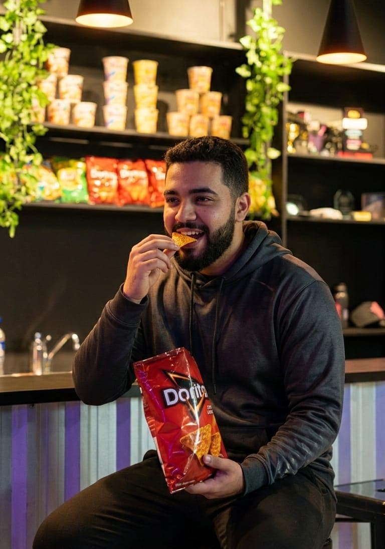 Cliente comendo salgadinho na lanchonete da GOAT, com prateleiras de snacks ao fundo